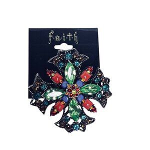 Faith Silver Tone W/ Multicolored Rhinestones Collar Clip With Hook Clasp (6205)